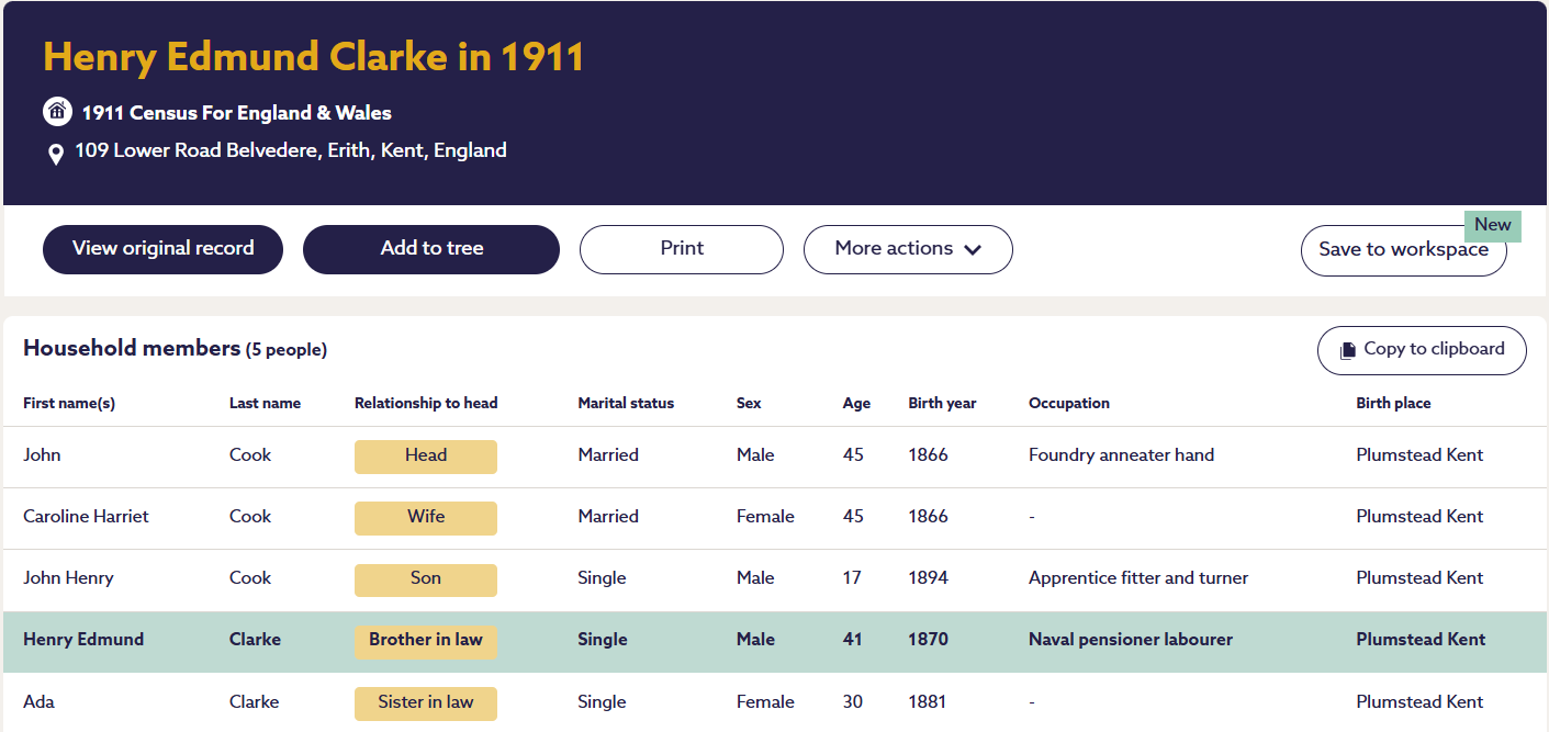 Henry Edmund Clarke 1911 Census Belvedere Erith